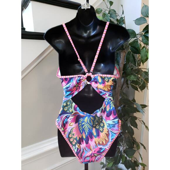 Women's Swimsuit Large Pink Floral Print Stretch O Ring Back Spaghetti Strap - Picture 3 of 7